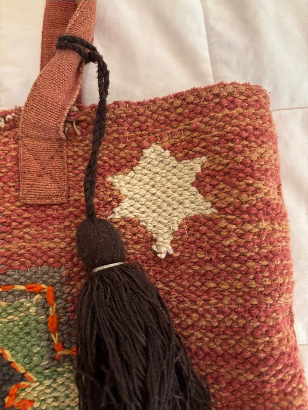 World Market Red-Brown and Green Woven Tote with Tassel 15x17 inches
